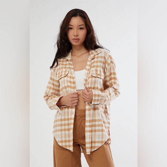 Billabong Tops - Billabong So Stoked Button-Down Flannel Shirt in Tan and White
